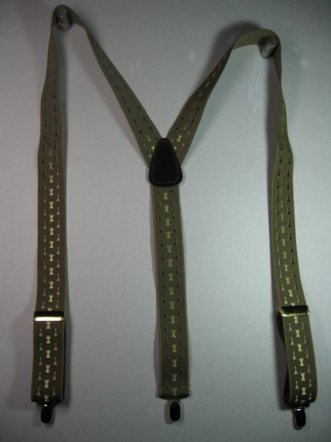 1 1/2" wide. "Y" Style. Assorted SIZES from 5' 1" to  7' 4" Height. (42" to 60" long Straps) Deluxe Suspenders-Cotton/Polyester Hand Washable-Hang To Dry Material With Gold Grips And Adjusters. Chess Pieces- Gold Rooks, Brown Pawns On Dark Tan Background With Gold Edges.    Y-CHS76B-#110